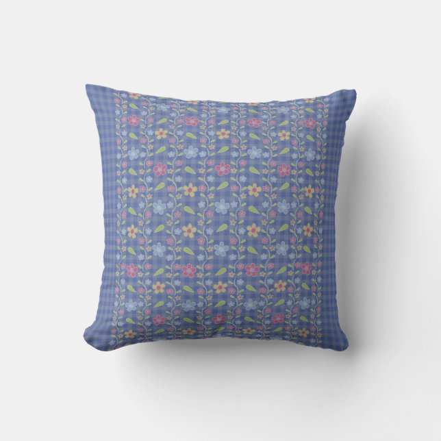 Blue Check Floral Throw Pillow (Front)