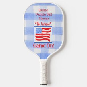 Blue Check Gingham USA Flag GAME ON Pickleball Paddle