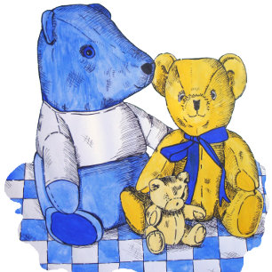 blue check picnic cloth with three cute teddies watch