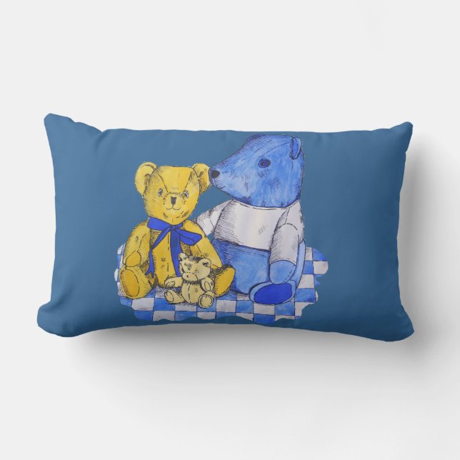 blue check picnic cloth with three old teddies lumbar pillow (Front)