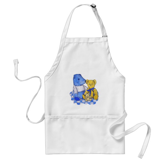 blue check picnic cloth with three old teddies standard apron (Front)