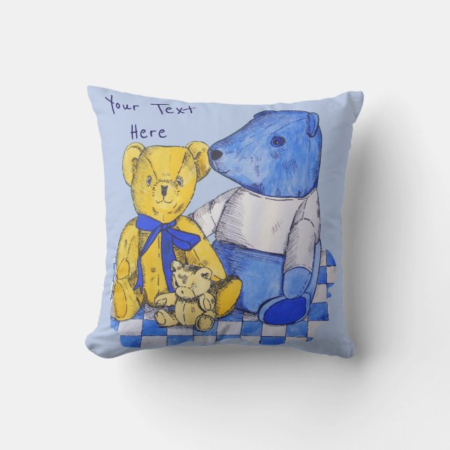 blue check picnic cloth with three old teddies throw pillow (Front)