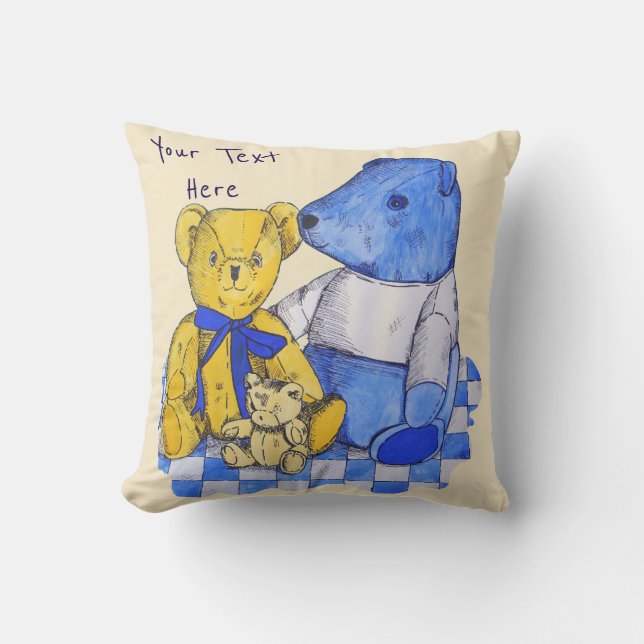 blue check picnic cloth with three old teddies throw pillow (Front)