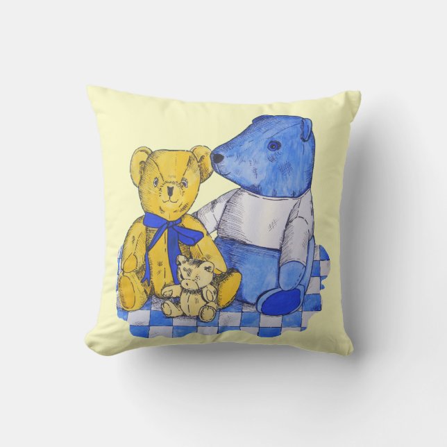 blue check picnic cloth with three old teddies throw pillow (Front)