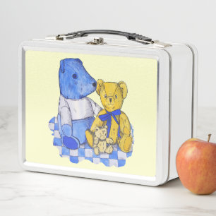 blue check picnic cloth with three teddy bears metal lunch box