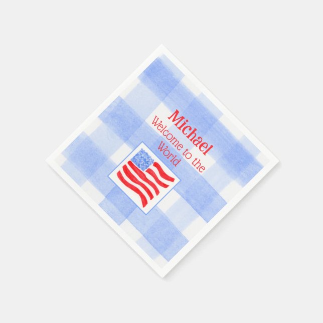 Blue Check USA Flag WELCOME TO THE WORLD Napkin (Corner)