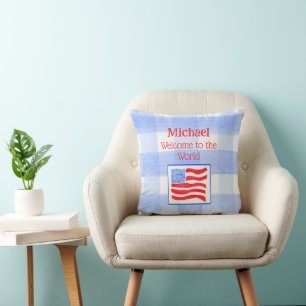 Blue Check USA Flag WELCOME TO THE WORLD Throw Pillow