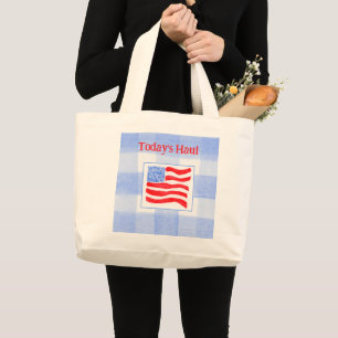 Blue Check Watercolor USA Flag  Large Tote Bag
