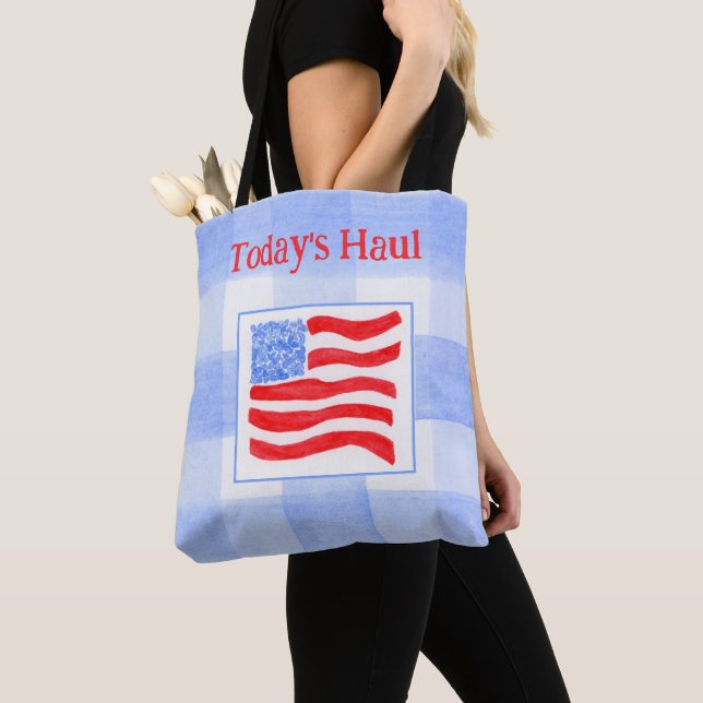 Blue Check Watercolor USA Flag  Tote Bag (Close Up)