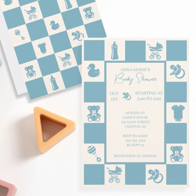 Blue Checked Baby Shower Invitation (Creator Uploaded)