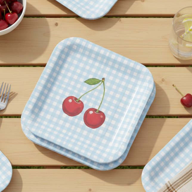 Blue Checked Paper Plates with Cherries for Summer (Creator Uploaded)