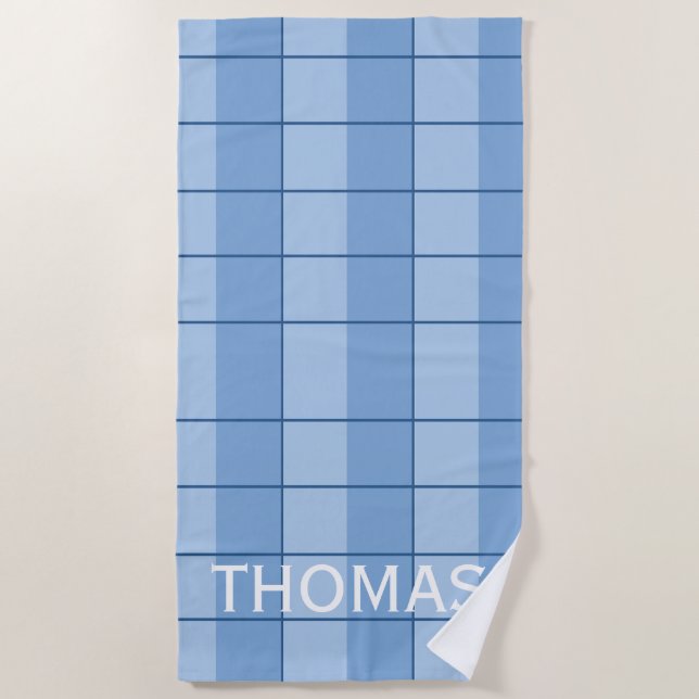 Blue Checked Pattern Personalized Beach Towel (Front)