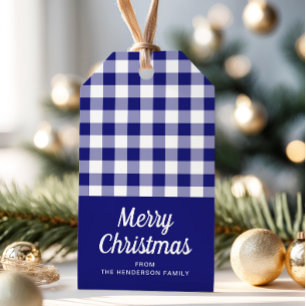 Blue Checked Script Christmas Gift Tags