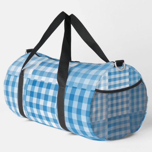 Blue Checker Patchwork Pattern Large Duffle Bag (Right Corner)