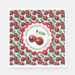 Blue Checkered Cherry Pattern Personalized Birthda Napkin