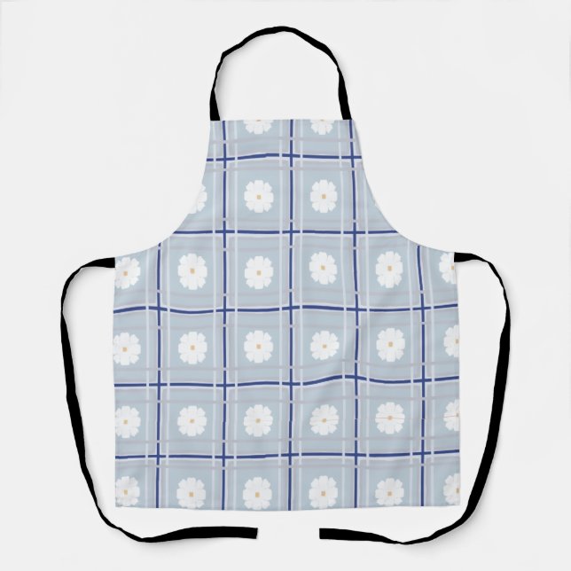 Blue Checkered Daisy pattern Apron (Front)