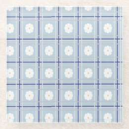 Blue Checkered Daisy pattern Glass Coaster
