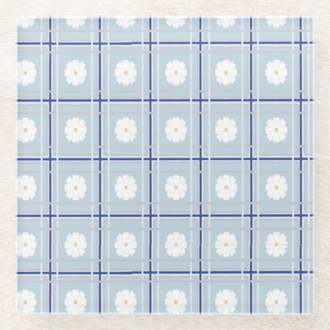 Blue Checkered Daisy pattern Glass Coaster (Front)