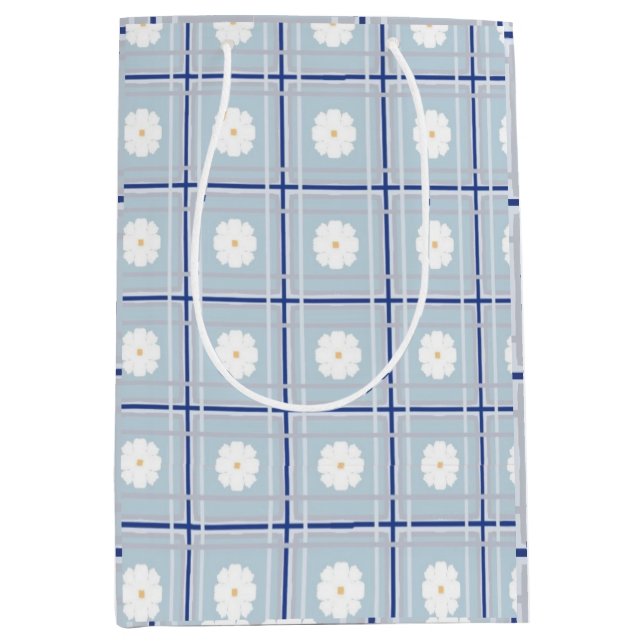 Blue Checkered Daisy pattern Medium Gift Bag (Front)