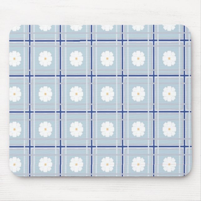 Blue Checkered Daisy pattern Mouse Pad (Front)