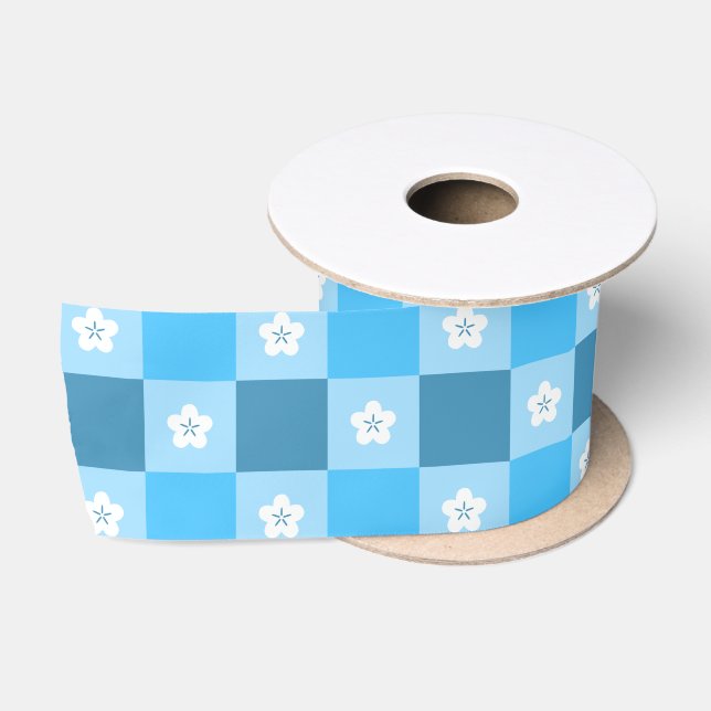 Blue Checkered Floral Satin Ribbon (Spool)