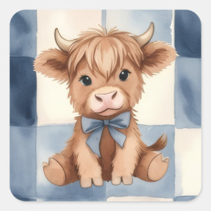 Blue Checkered Highland Cow Cute Gift  Square Sticker