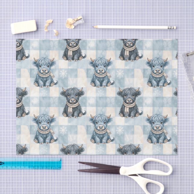 Blue Checkered Highland Cow Cute Tissue Paper (Craft)