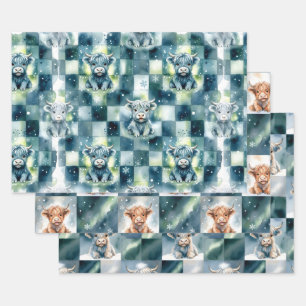 Blue Checkered Highland Cow Snow Winter Wrapping Paper Sheet