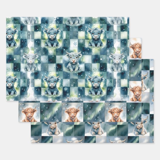 Blue Checkered Highland Cow Snow Winter Wrapping Paper Sheet (Set)