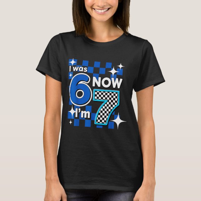 Blue Checkered I Was 6 Now I'm 7 Birthday  T-Shirt (Front)