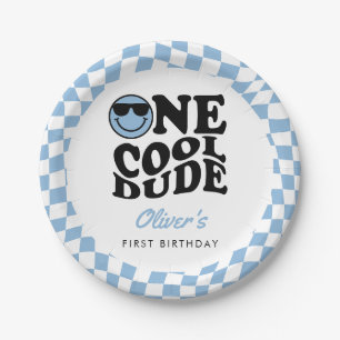 Blue Checkered Smile One Cool Dude 1st Birthday Paper Plate