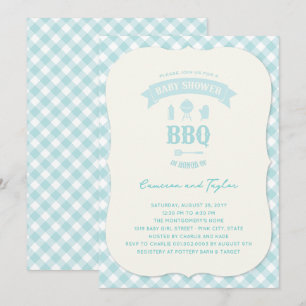 Blue Checks BBQ Boy Baby Shower Summer Party Invitation