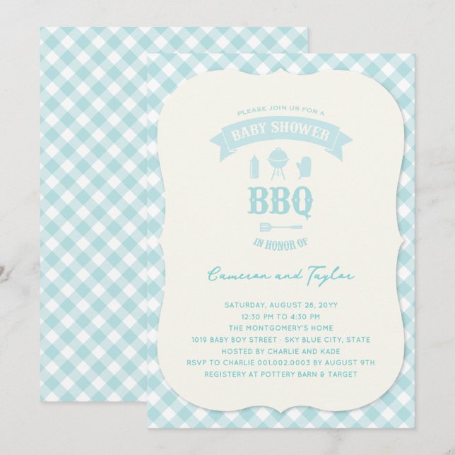 Blue Checks Gingham Backyard BBQ Boy Baby Shower Invitation (Front/Back)