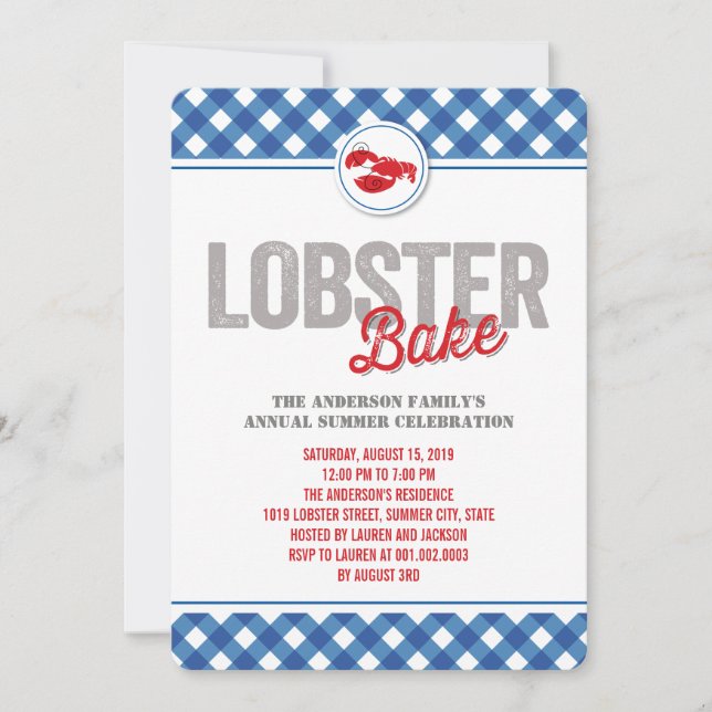 Blue Checks Lobster Bake Annual Summer Party Invitation (Front)