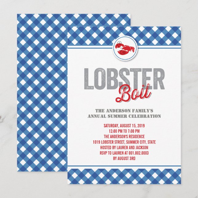 Blue Checks Lobster Boil Annual Summer Party Invitation (Front/Back)