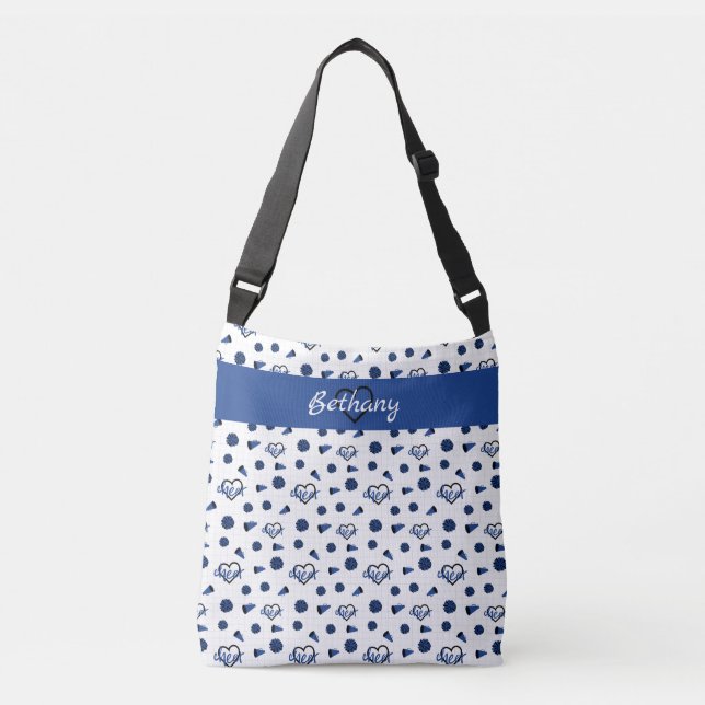 Blue Cheer Hearts, Pom Poms, Megaphone Pattern Crossbody Bag (Front)