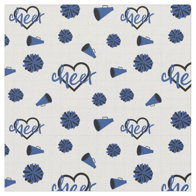 Blue Cheer Hearts, Pom Poms, Megaphone Pattern Fabric (Close Up)