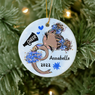 Blue Cheerleader Girl Ornament Dark Skin & Hair