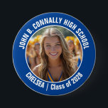 Blue Cheerleader Photo High School Spirit 3 Inch Round Button<br><div class="desc">This cool customized high school cheerleader photo gift features white typography of your team and player name on a blue button. Personalize with your student's photograph and class year as a proud cheerleading parent. A mom and dad can wear these buttons to competition and games.</div>
