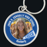 Blue Cheerleader Photo High School Spirit Keychain<br><div class="desc">This cool customized high school cheerleader photo gift features white typography of your team and player name on a blue keychain with a cheer megaphone. Personalize with your student's photograph and class year as a proud cheerleading parent. A great gift for a mom or dad.</div>