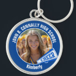 Blue Cheerleader Photo High School Spirit Keychain<br><div class="desc">This cool customized high school cheerleader photo gift features white typography of your team and player name on a blue keychain with a cheer megaphone. Personalize with your student's photograph and class year as a proud cheerleading parent. A great gift for a mom or dad.</div>