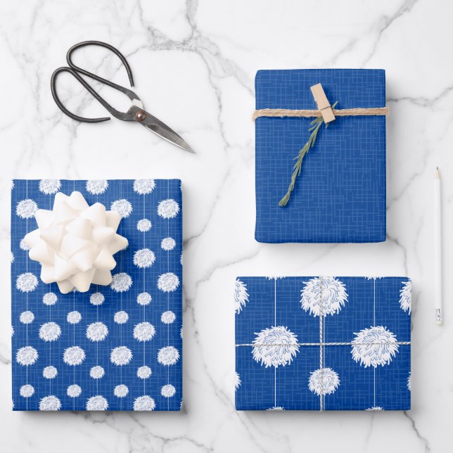 Blue Cheerleader Pom Pom Pattern Wrapping Paper Sheet (Front)