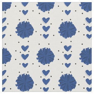Blue Cheerleader Pom Poms & Hearts Pattern Fabric