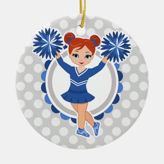 Blue Cheerleader Redhead - Cute Cheer Ceramic Ornament (Front)