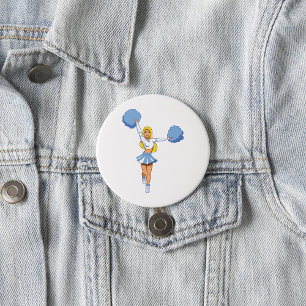 Blue Cheerleader with Pom Poms Cheer Squad 3 Inch Round Button