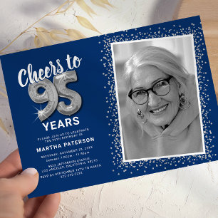 Blue Cheers to 95 Years Silver Photo Birthday Invitation