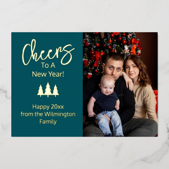 Blue Cheers to a New Year Family Photo  Foil Holiday Card (Front)
