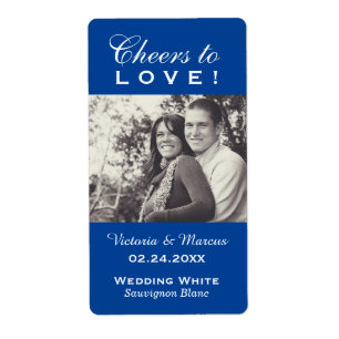Blue Cheers to Love Wedding Photo Wine Bottle
