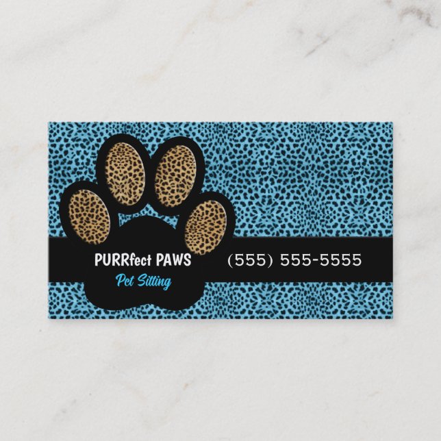 Blue Cheetah Print Custom Paw Pet Sitter Business Card (Front)