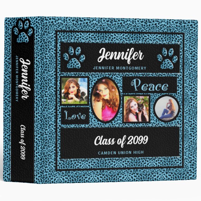 Blue Cheetah Print Photo Collage Back to School Binder (Front/Spine)